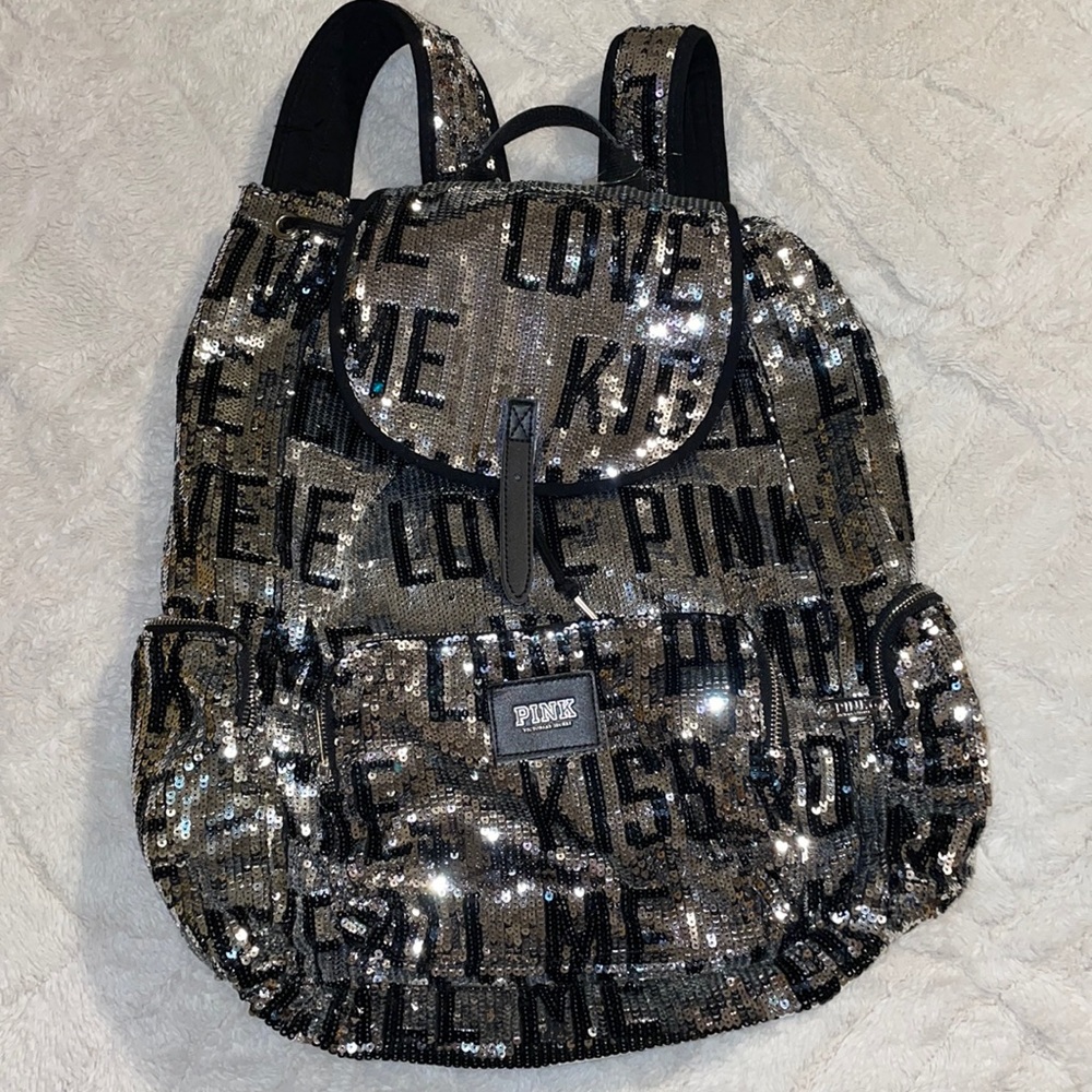 Victorias Secrets PINK sequin silver bling backpack.